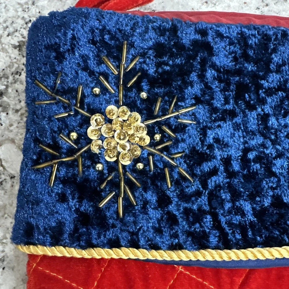 Christmas Stocking Blue/red Velvet With Sequined Design and Gold Beaded-‎ 2 VGT